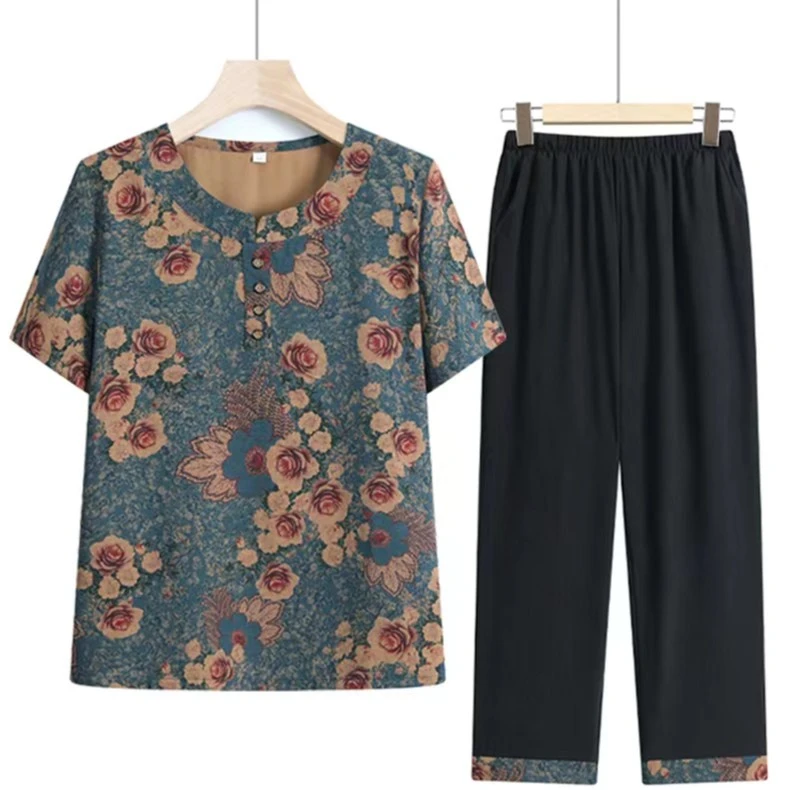 8959妈妈装夏款洋气短袖套装中老年女装宽松气质显瘦两件套