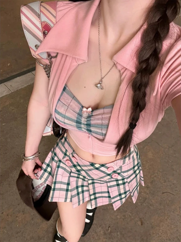 韩系辣妹套装女夏季巨好看粉色短袖上衣格子胸衣日系jk百褶半裙子