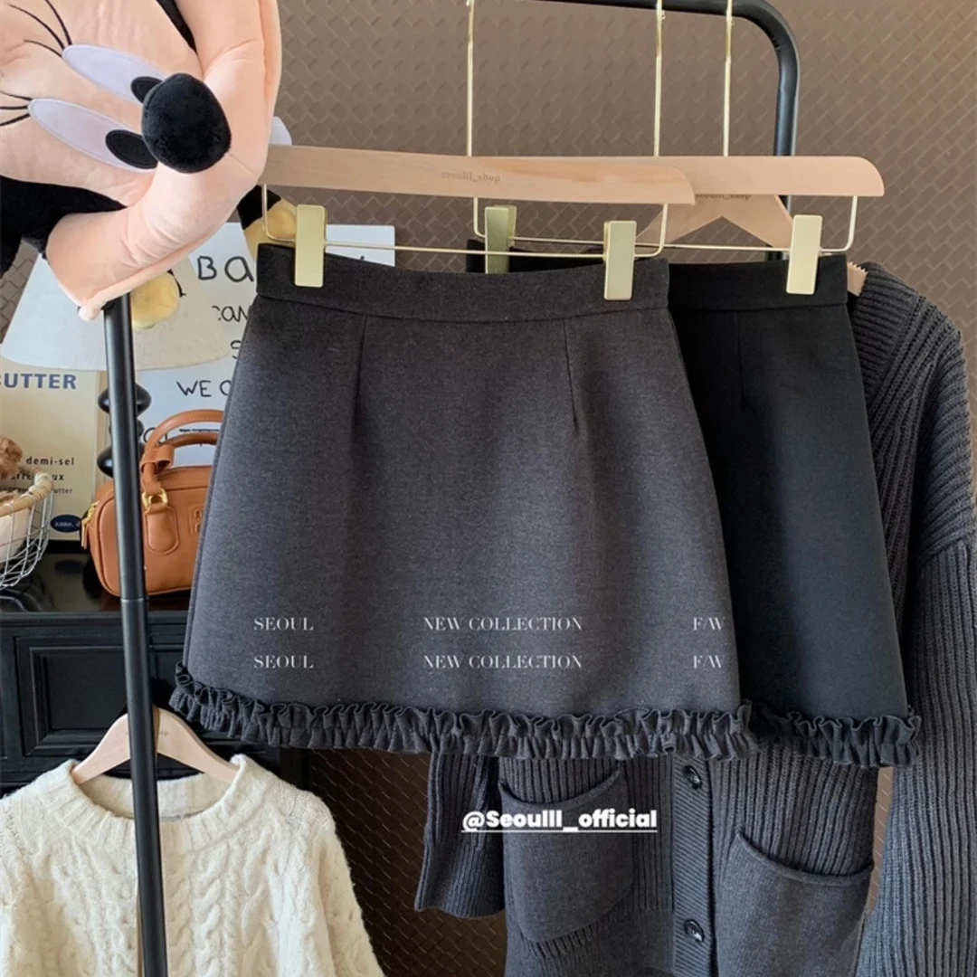 【星空呢】高腰a字半身裙秋冬韩版木耳边小众百搭显瘦防走光呢子裙