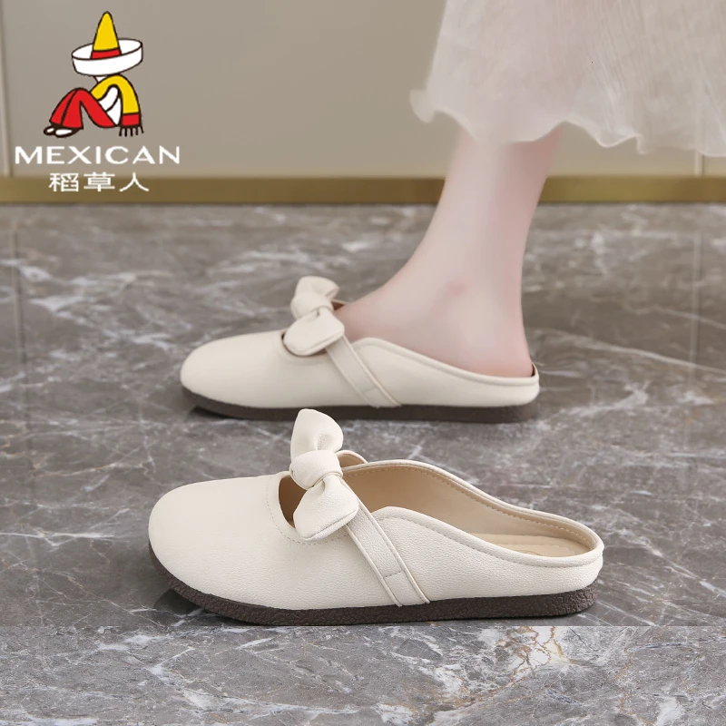 稻草人软底包头拖鞋女2025夏季新款外穿懒人鞋法式蝴蝶结半拖单鞋