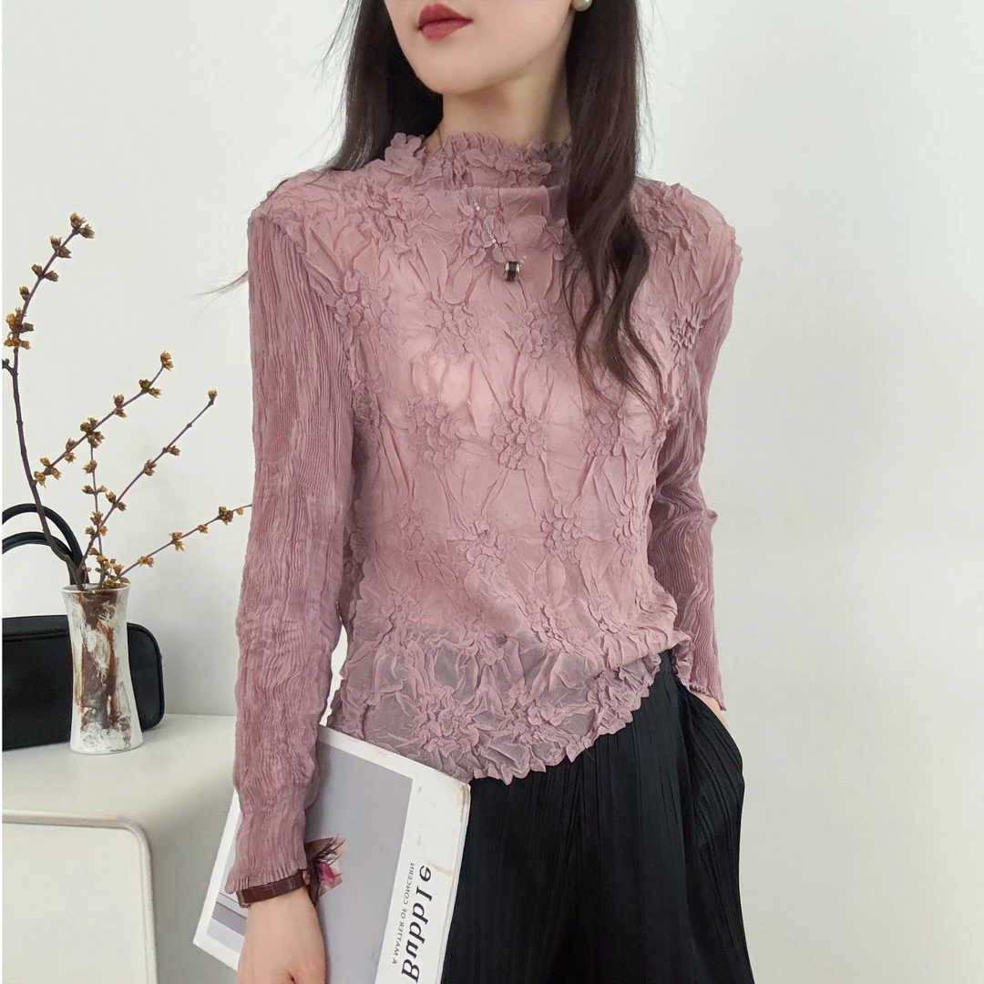 2025春夏新款三宅压褶打底衫女高级感轻奢手工褶皱长袖显瘦上衣