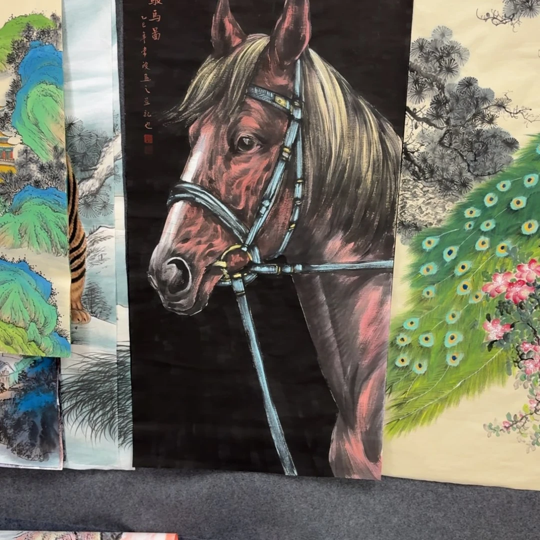 ***＂国画四条屏加马手绘作品