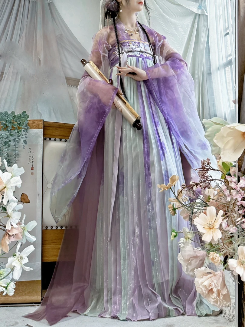 霜枫原创薄款刺绣长袖四季明制唐制汉服山茶花齐胸襦裙成人