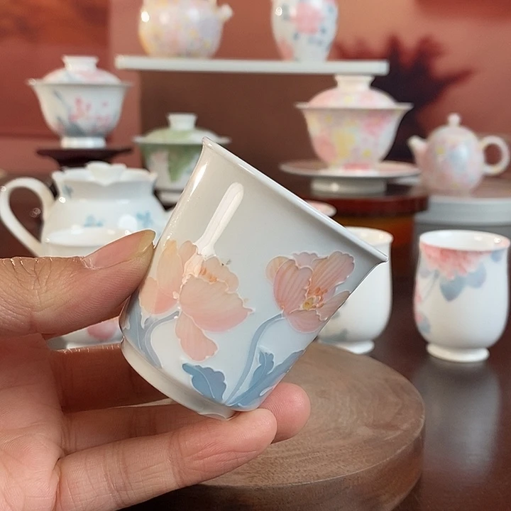 虞美人品茗杯手绘釉下高温
