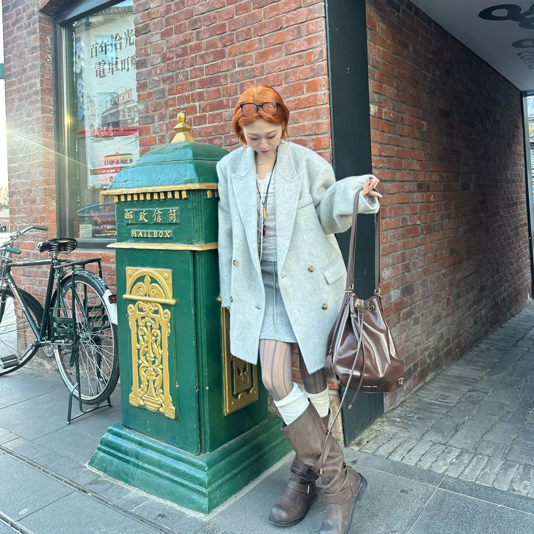 冬上新（老娜娜）“绝绝紫”韩版西装苏力羊驼毛阔版大衣加厚保暖