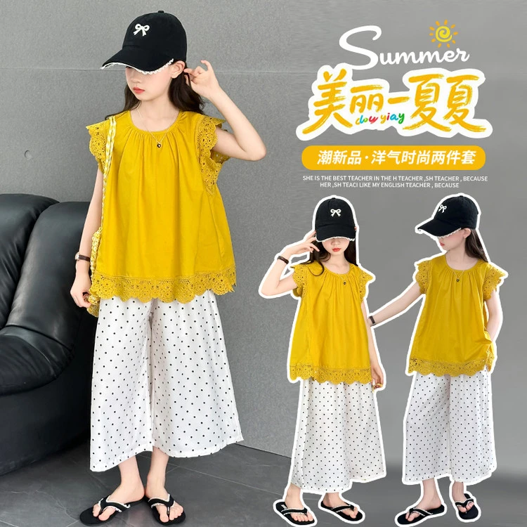 女童25年夏季新品无袖花边波点阔腿裤套装薄款休闲时尚宽松蕾丝