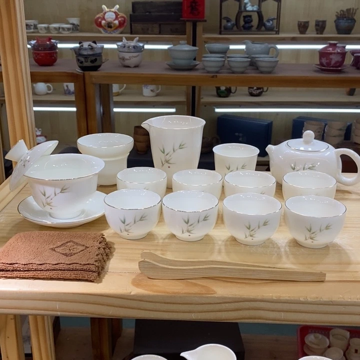 竹报平安羊脂玉茶具套装