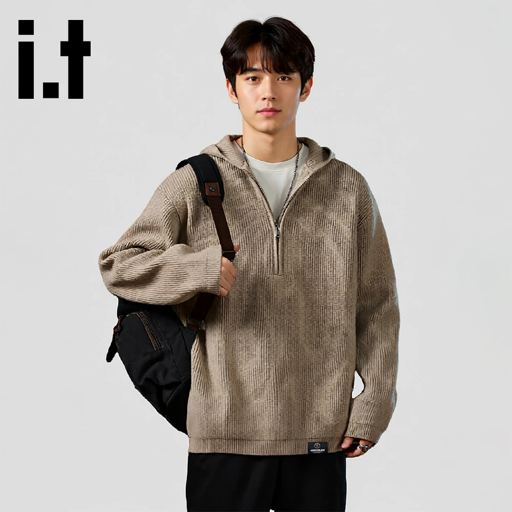 it:CHOCOOLATE美式复古连帽针织开衫2025秋冬季男士拉链款毛衣潮
