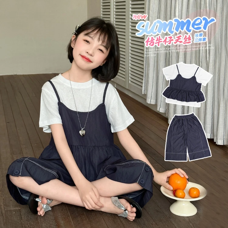 女童夏季休闲纯色短袖衬衫背心短裤三件套轻便透气爱意表达薄款套