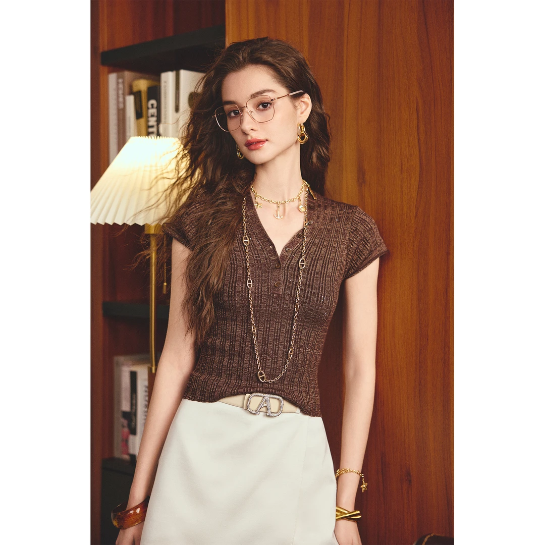 ANNASPEAK时髦凉感法国Elite 银葱珠片v领小飞袖显瘦针织衫T恤女