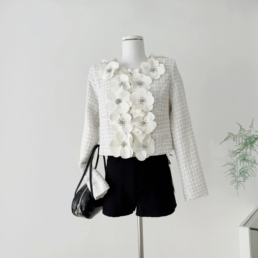 LDTJ高定夏秋名媛气质千金小香粗花呢羊毛立体山茶花修身外套女