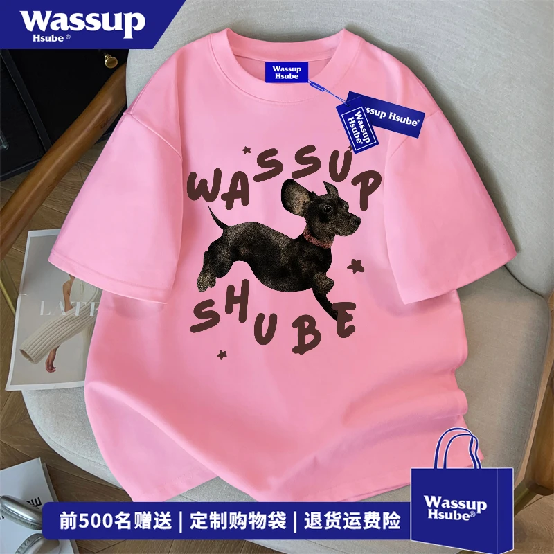 WASSUP HSUBE美式复古设计感短袖T恤男女夏季趣味小狗印花上衣服