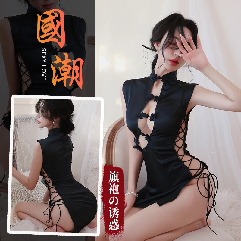 漫夜睡衣内衣性感镂空复古旗袍短裙连衣裙纯欲风开叉裙女