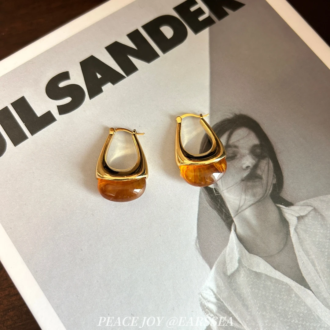 铜合金树脂耳饰 【宋至】复古U型水滴琥珀色耳扣 2025秋冬气质耳饰