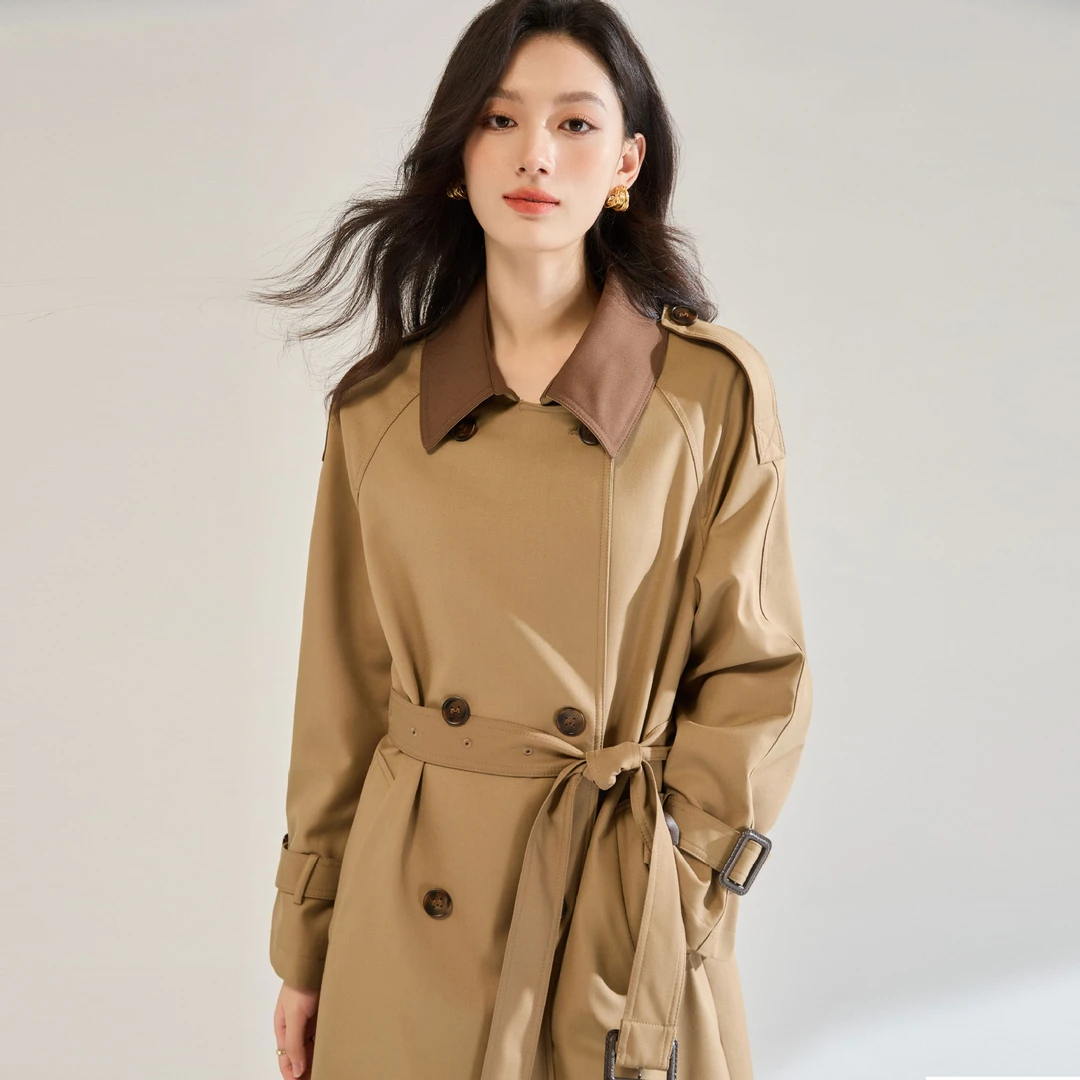 25秋装休闲通勤撞色领中长款英伦风高级感风衣百搭气质时尚外套25