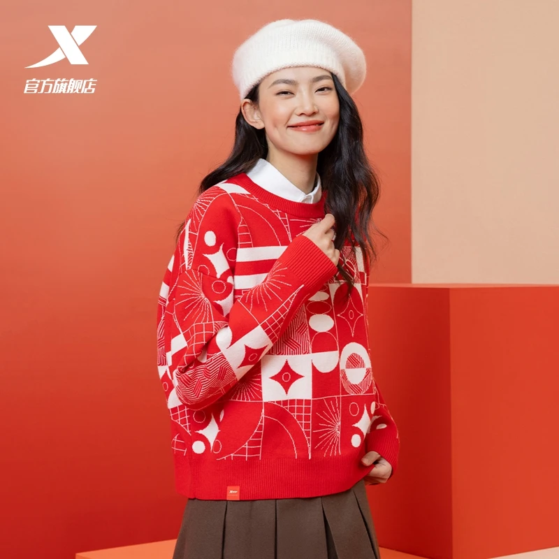 特步新年款丨运动毛衣女士25春季红色休闲满印针织衫时尚宽松毛衫