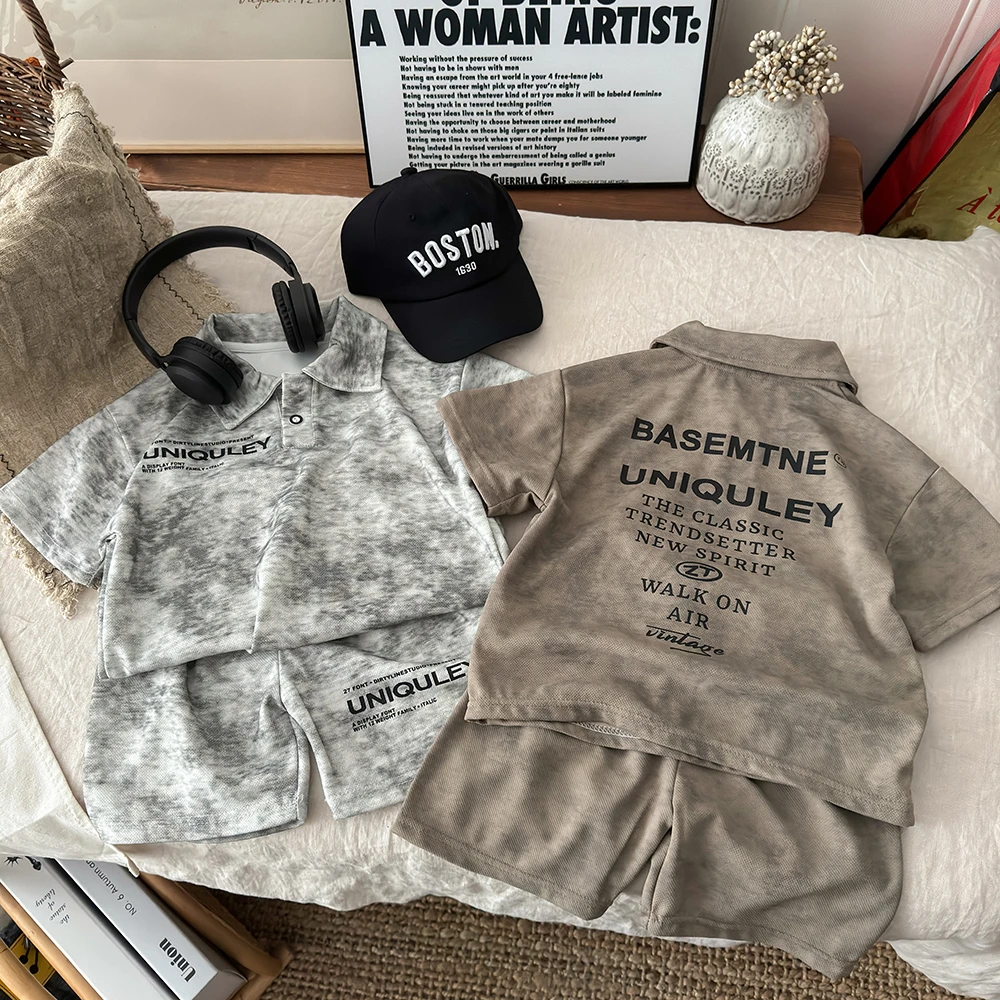 儿童夏季韩版洋气华满印印花套装短袖短中大童男休闲百搭帅气套装