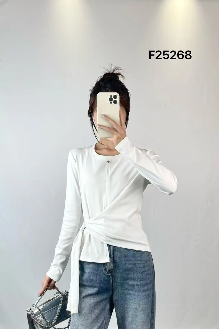 【慕妍专属】25268【衣长53】设计感不规则灰色正肩长袖T恤秋款