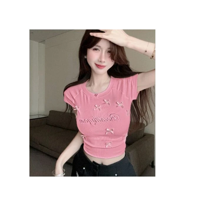 260克莫代尔春夏蝴蝶结绣花甜美短款短袖修身T恤性感辣妹圆领上衣