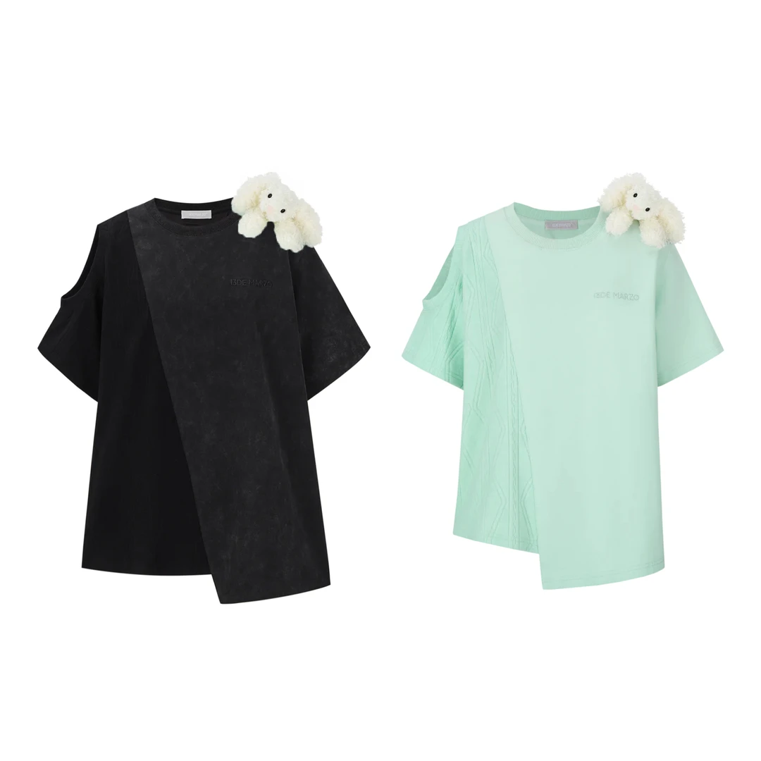 不规则裁剪双领口露肩拼接T恤DLDE1232