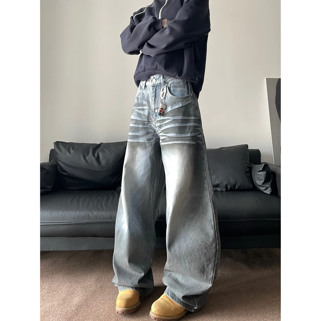 DAYAOBUTAIG水洗做旧弯道裤宽松男女美式复古小众牛仔裤拖地裤