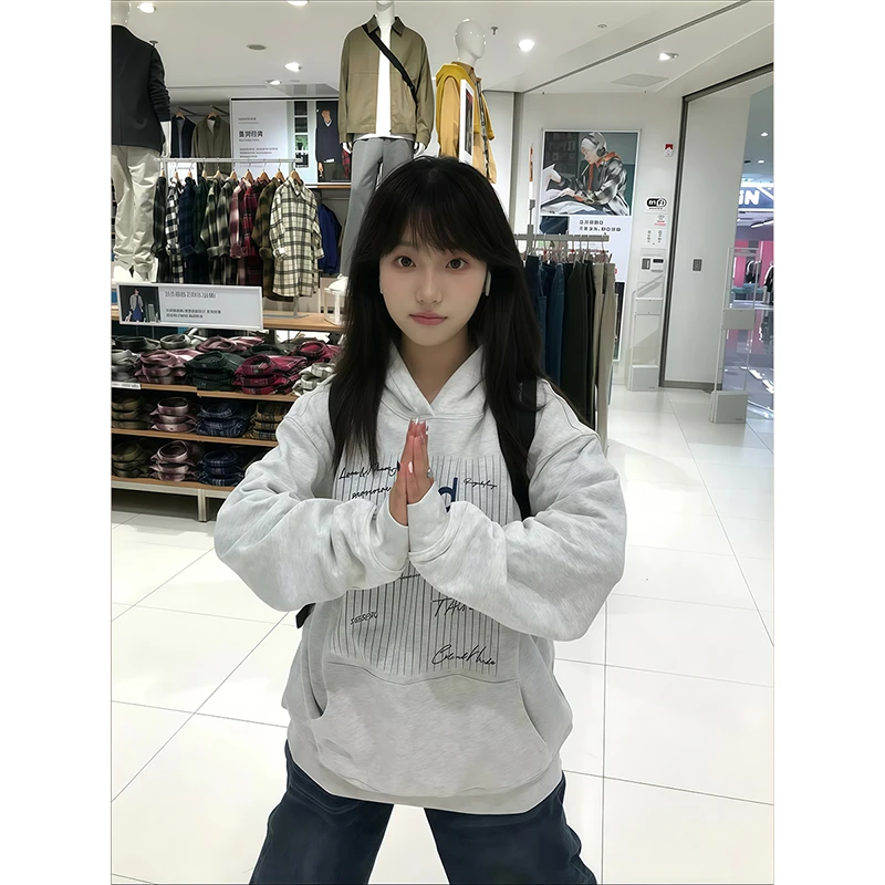 美式复古字母印花连帽卫衣女秋冬2025爆款慵懒风情侣百搭宽松外套