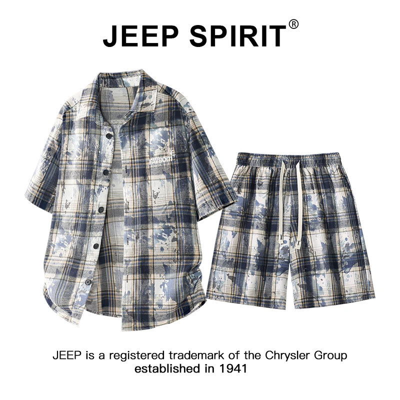 JEEPSPIRIT吉普美式扎染格子衬衫套装男士夏季宽松短袖短裤两件套