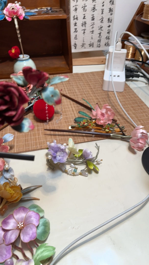 非遗绒花蓝色菊花发簪古风汉服发饰簪子手工原创古典古风