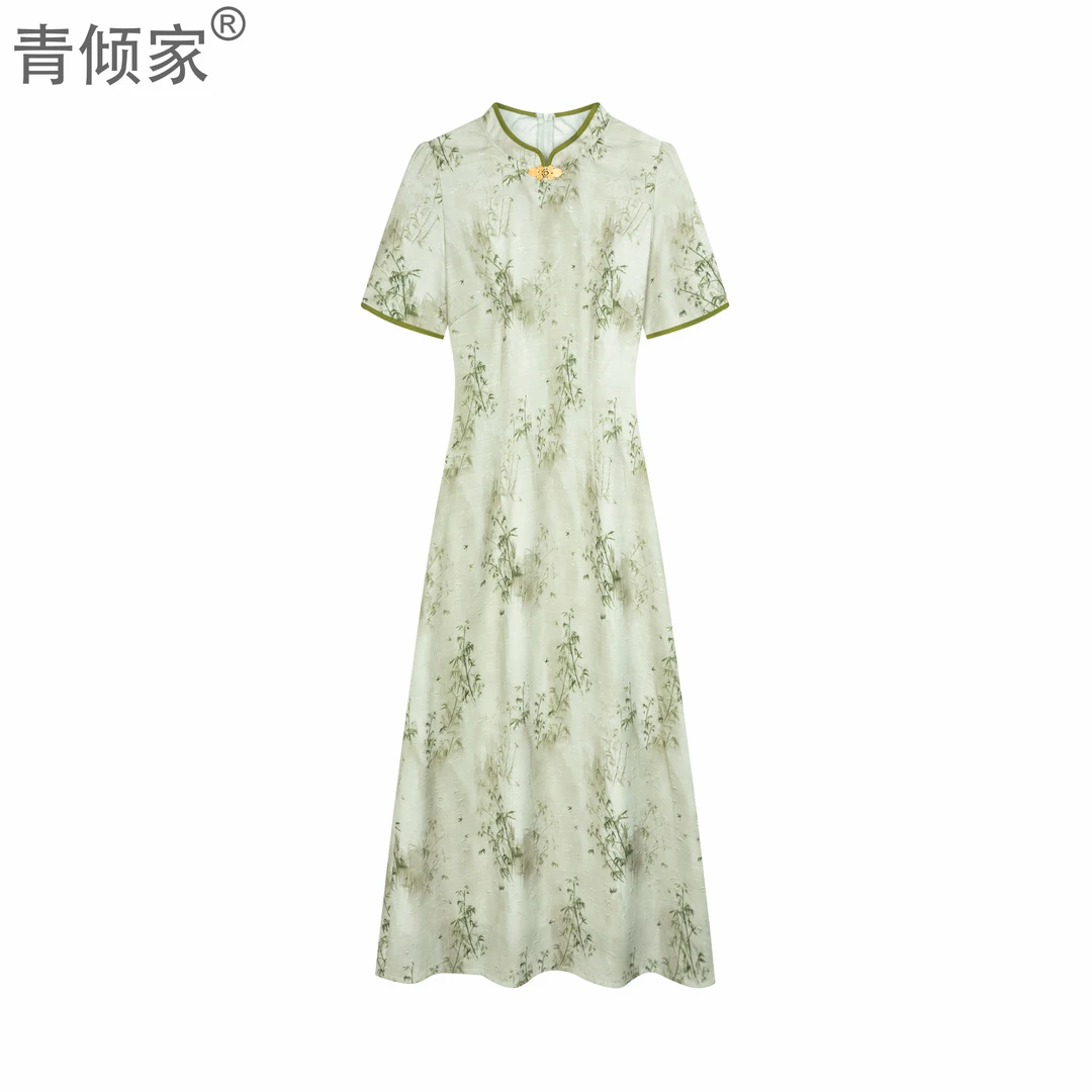 青倾家【山雾竹影】春新款绿色新中式修身显瘦收腰提花国风改良旗袍