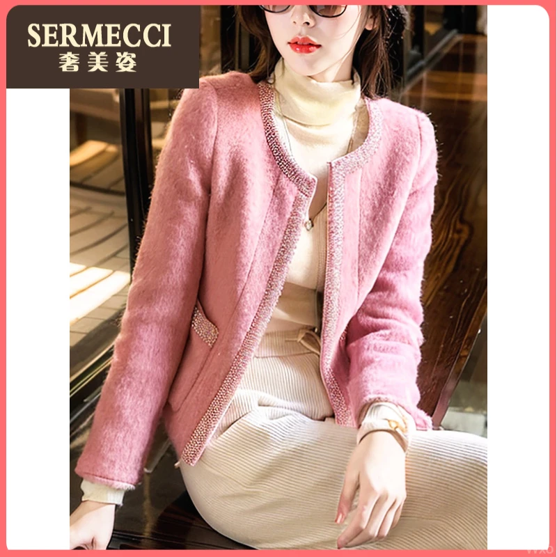 轻奢粉色奢美姿秋冬温柔系圆领开衫小个子毛呢短外套女