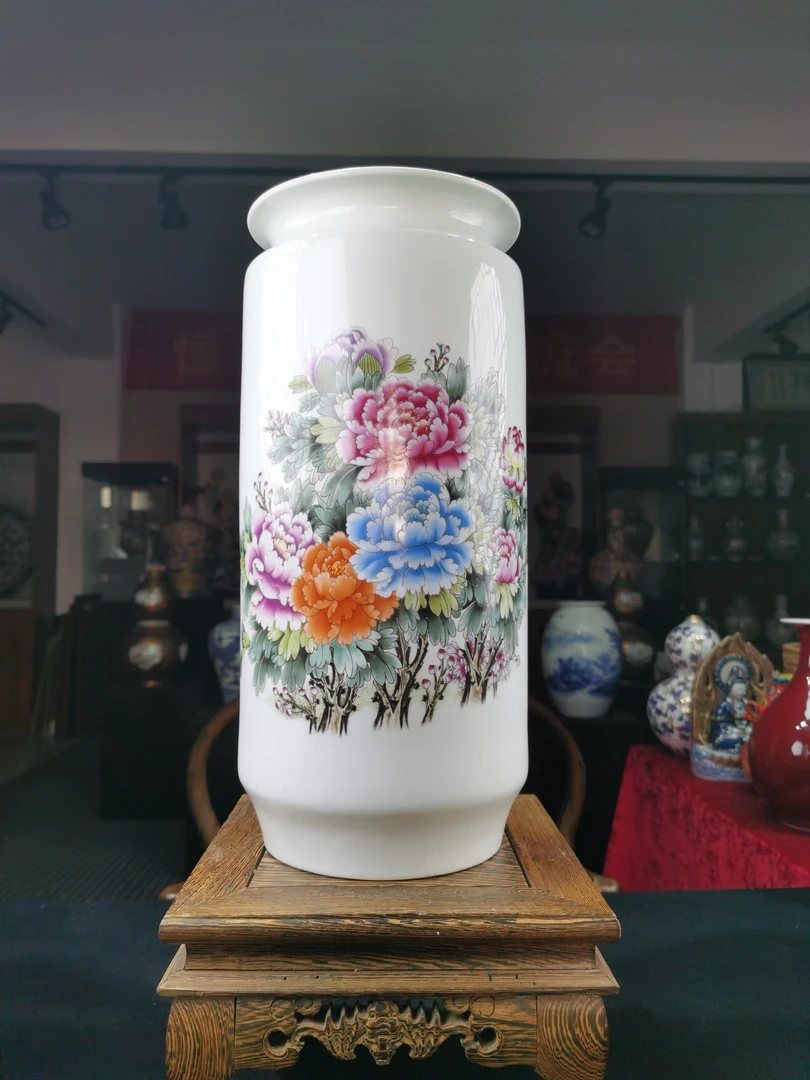 景德镇手工手绘花开富贵花筒瓷瓶家居会所办公室摆件送礼收藏佳品