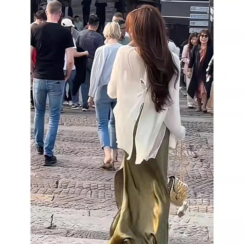 后背镂空开叉蝴蝶绑带天丝衬衫女夏凉感薄纱罩衫外搭披肩防晒上衣