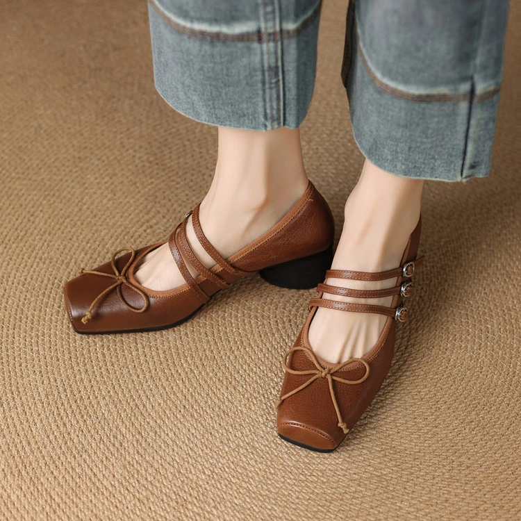 百搭款~羊皮5公分复古浅口小皮鞋真皮粗跟中跟方头通勤职业单鞋