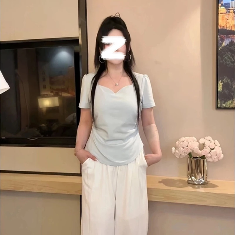 WANGXIANG大码欧若风纯色v领修身短袖女短袖新款遮夏天设计感上衣