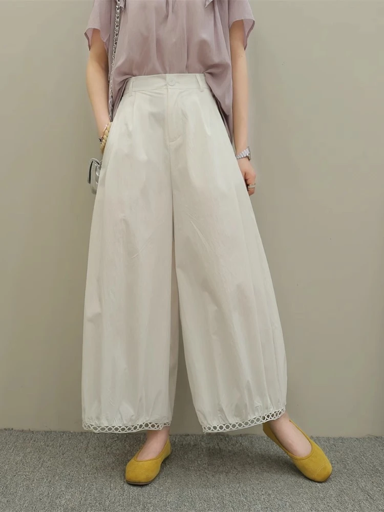 秋季新款宽松大脚直筒灯笼裤女韩版镂空拼接蕾丝水洗棉九分阔腿裤