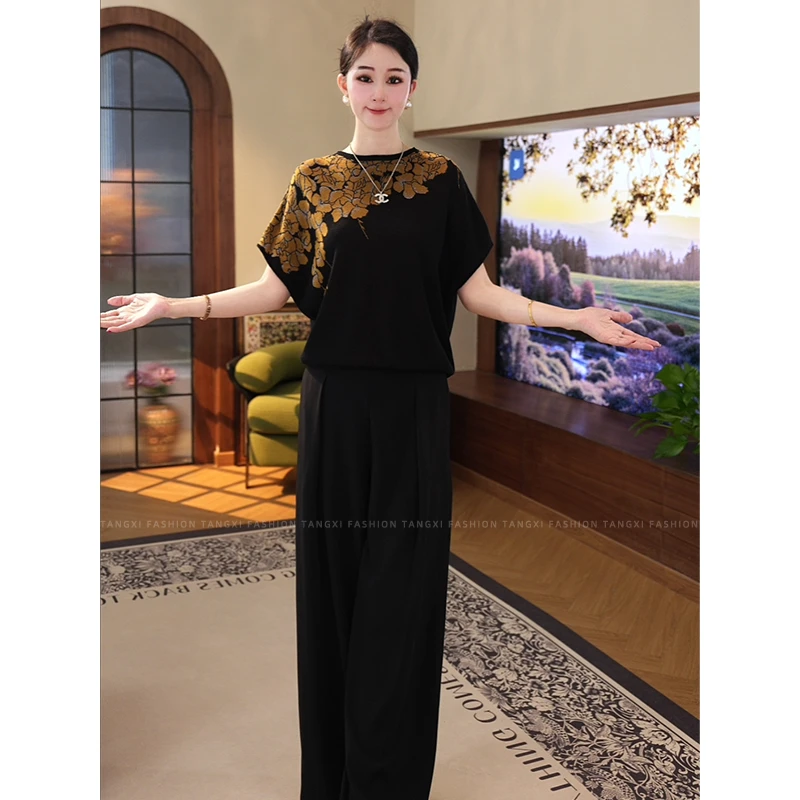 2025夏新款【7809】黑黄色短袖冰丝休闲圆领提花莱赛尔针织小衫上衣