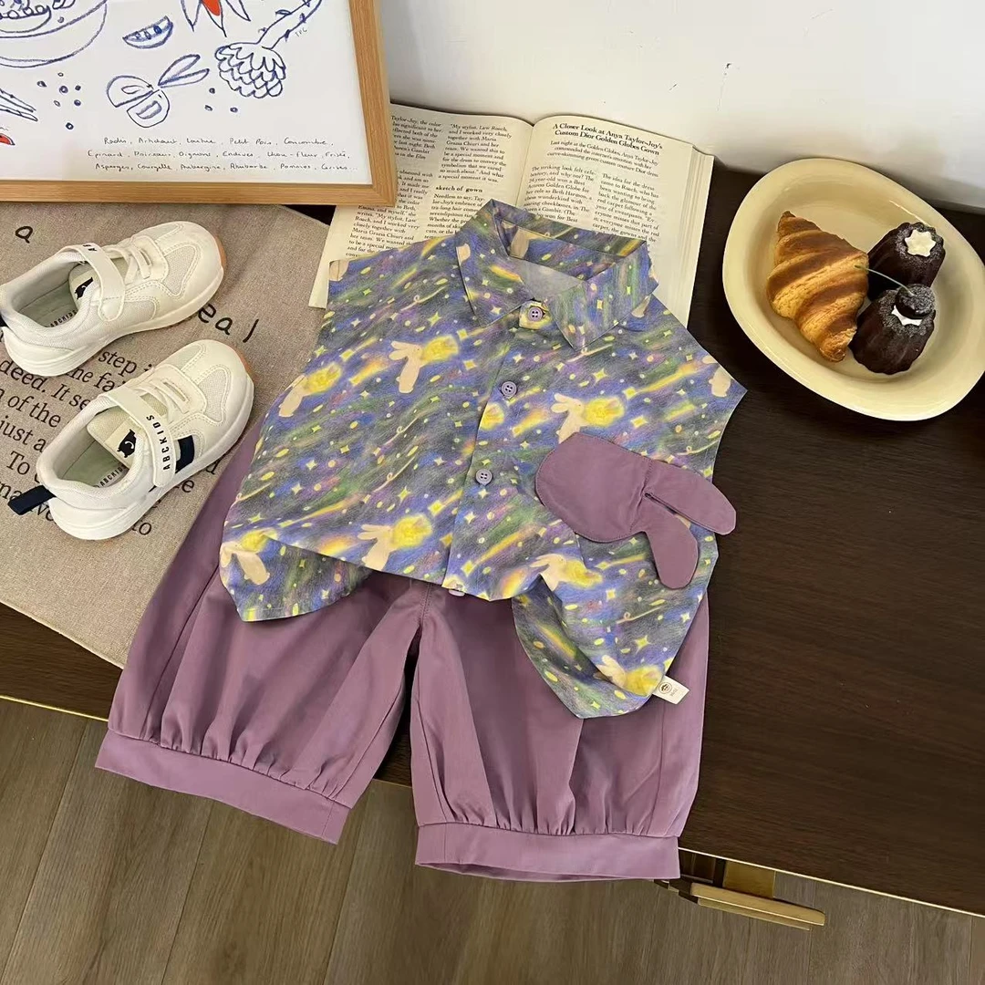 儿童夏季满印小兔子无袖衬衫套装H2155