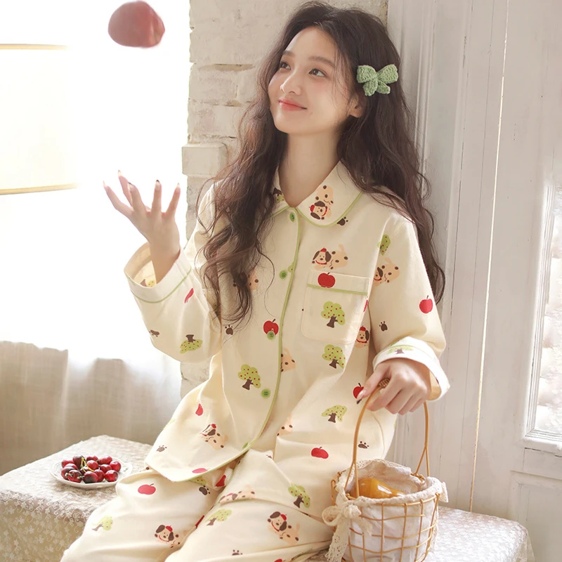 胸垫睡衣女纯棉磨毛可爱大码秋季新款薄款印花女士家居服长袖宽松