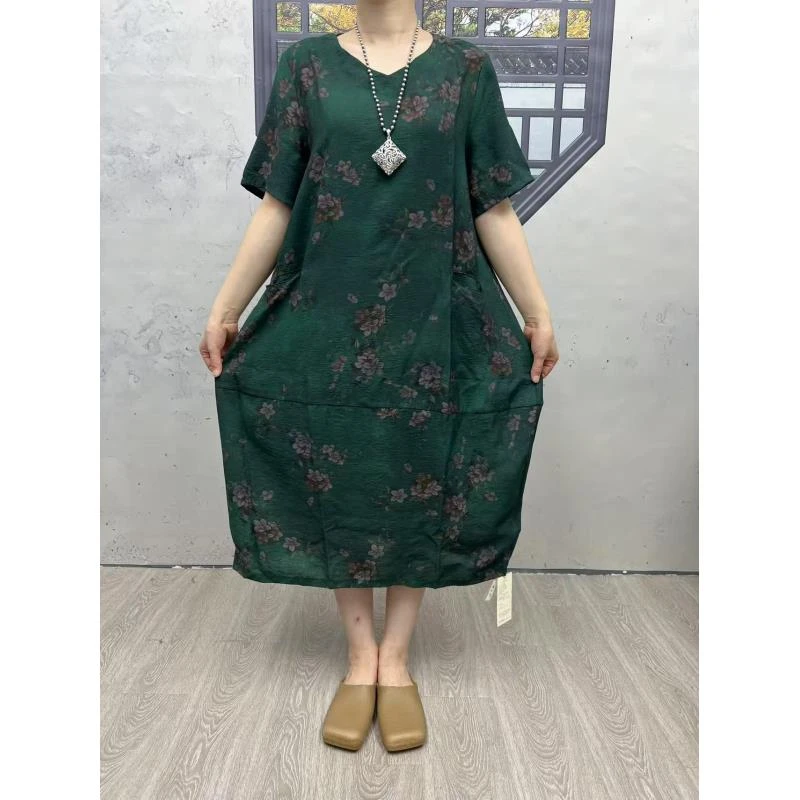072夏季新款印花V领短袖薄款宽松大码显瘦气质洋气连衣裙