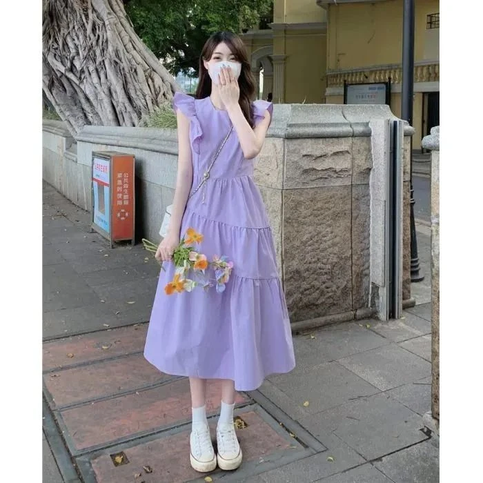2025年新款茶歇法式桔梗复古高级感气质仙女收腰紫色连衣裙子女夏