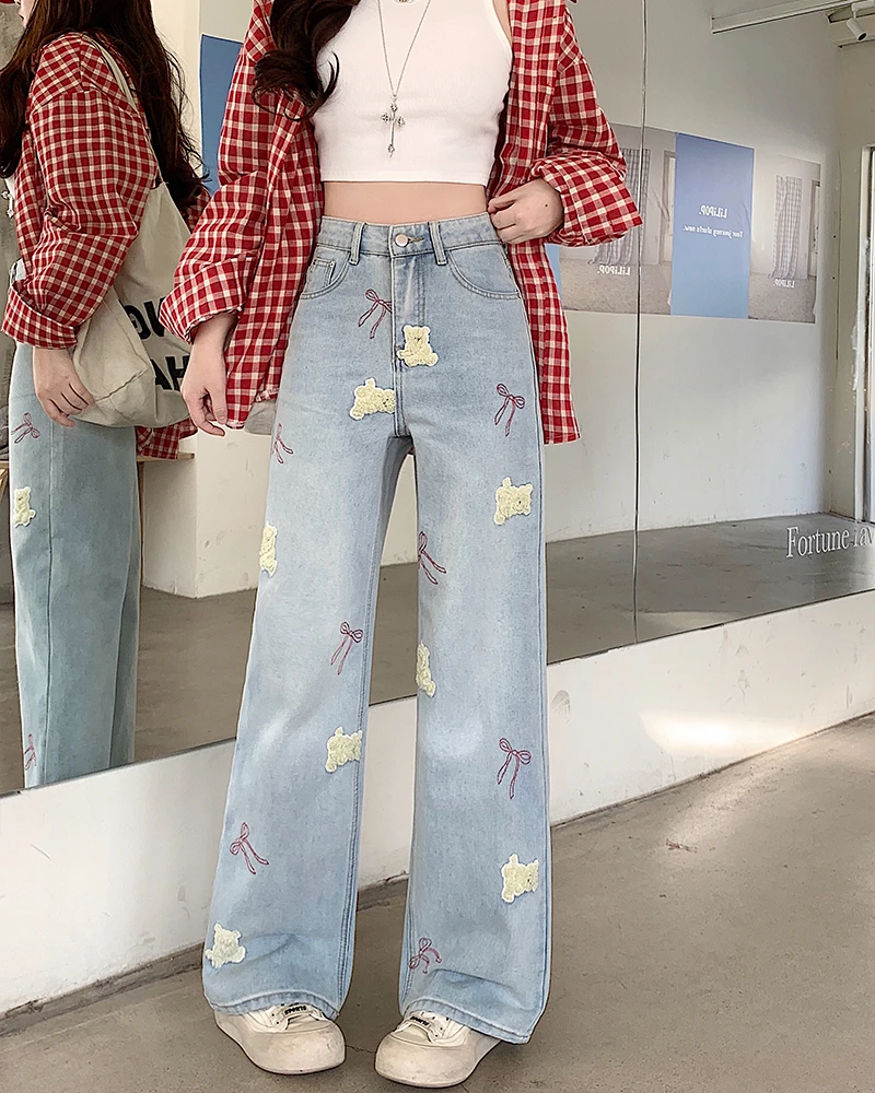 大码美美哒2025春季高腰垂感阔腿裤重工小熊刺绣涂鸦牛仔裤65521