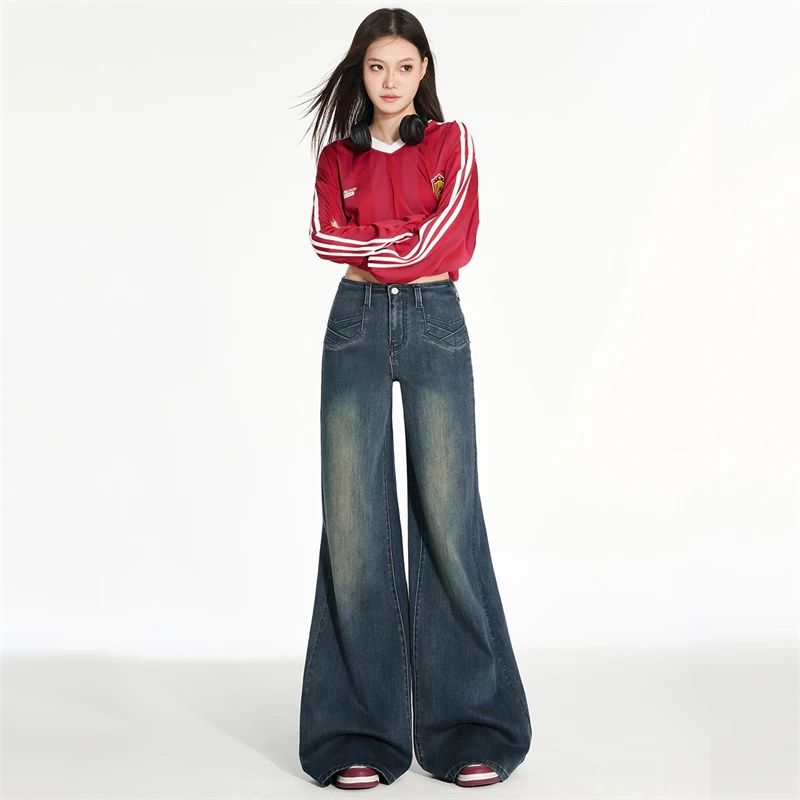 复古蓝宽松喇叭牛仔裤女士2025春季新款无腰头设计感显瘦大喇叭裤
