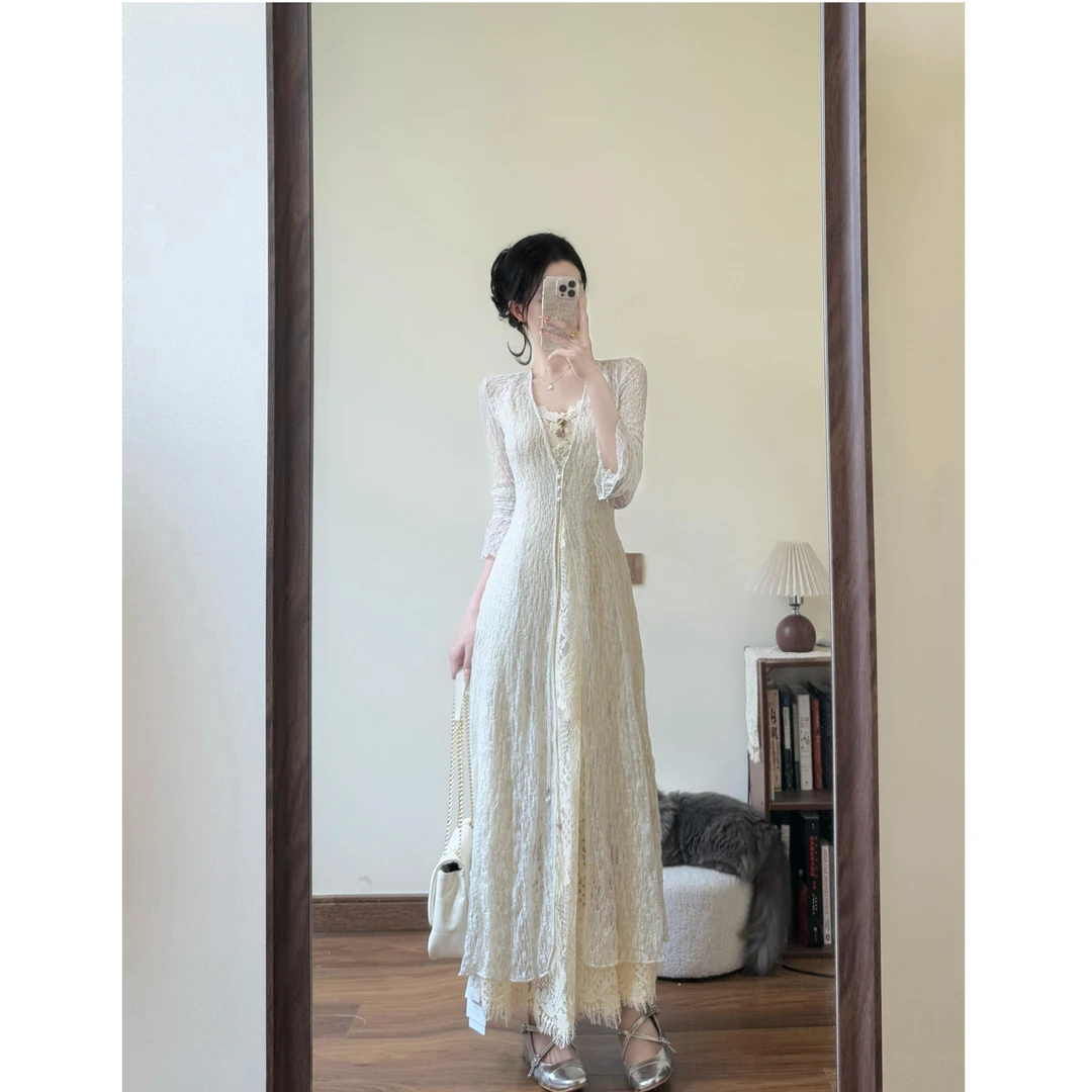 2025春夏流行穿搭法式温柔千金风高级感开衫蕾丝连衣裙气质两件套