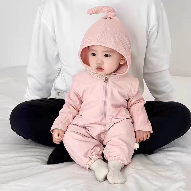 婴幼儿新款宝宝揪揪帽绒里连体裤套出门外出服洋气两件套