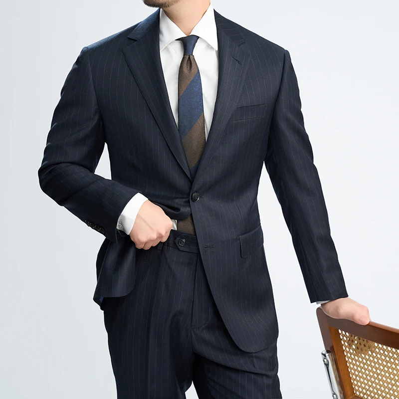 男士蓝色条纹意式修身商务休闲平驳领职业休闲新郎高级西服套装06