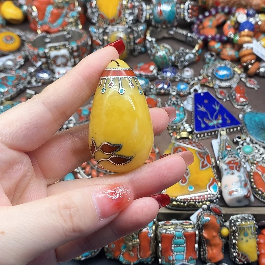 琥珀颈饰银S925镶嵌八宝尼藏直播间