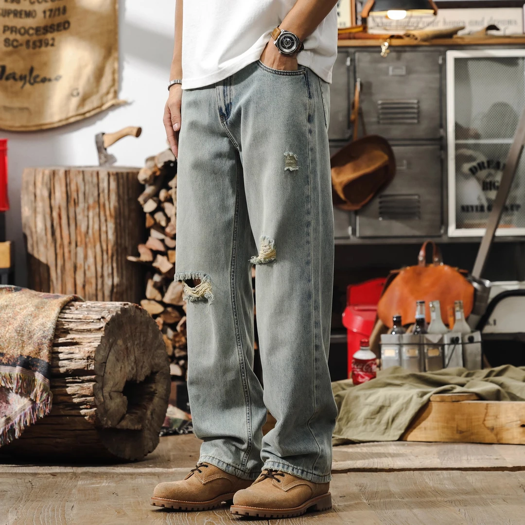 莱赛尔亲肤破洞牛仔裤男秋季新款美式复古潮牌宽松直筒休闲长裤男