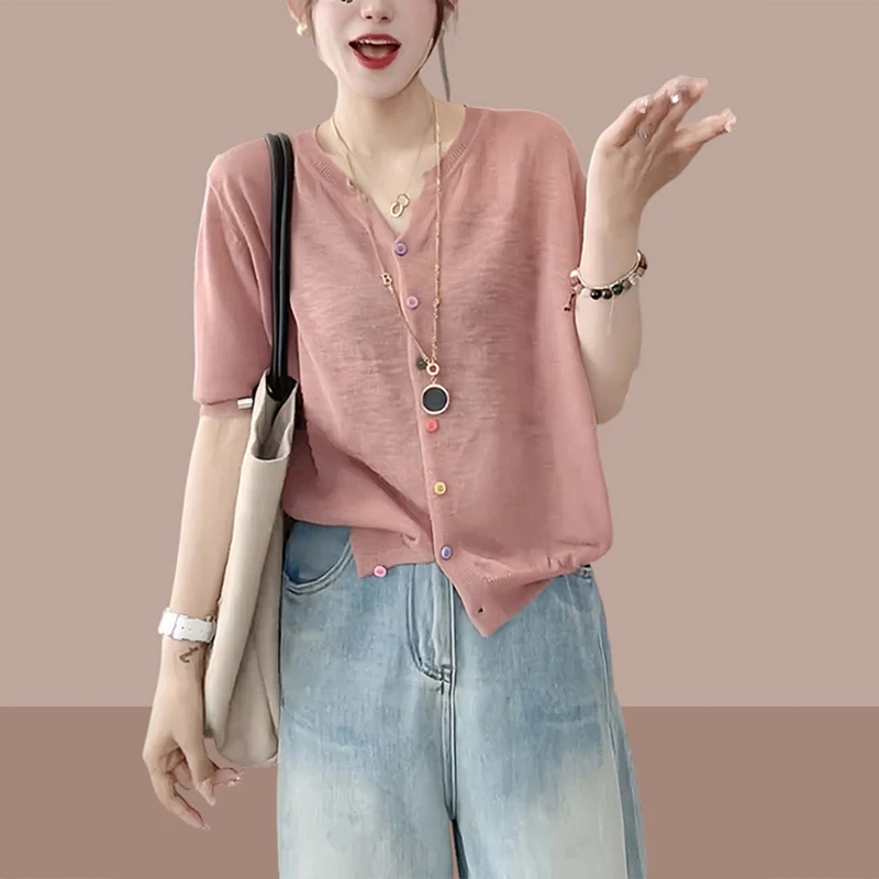 2025夏季新款女士粉色v领冰丝针织开衫薄款减龄洋气防晒半袖上衣