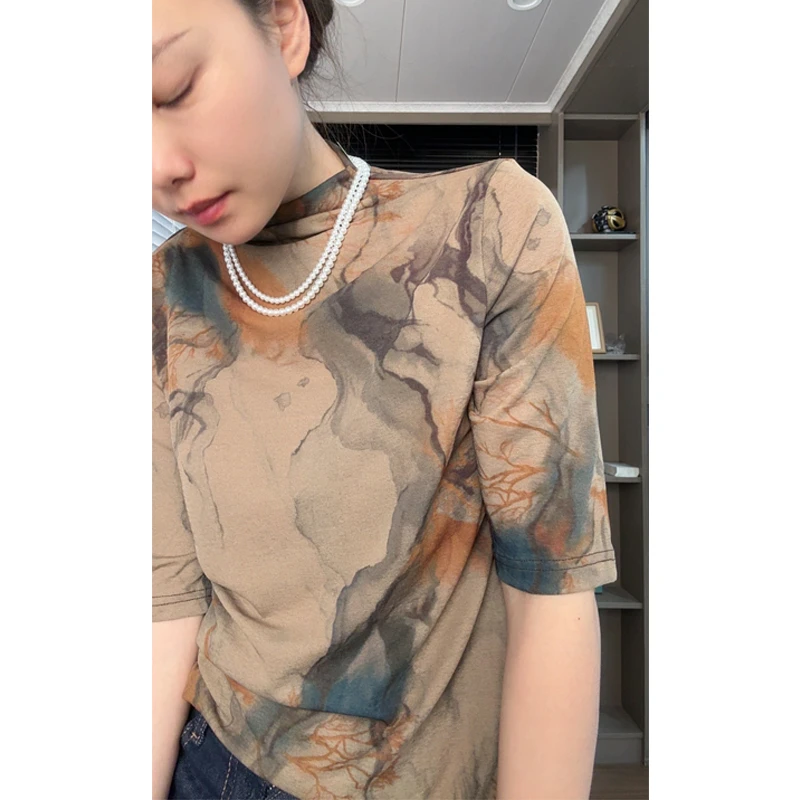 春装新款半高领印花半袖打底衫五分袖T恤女装