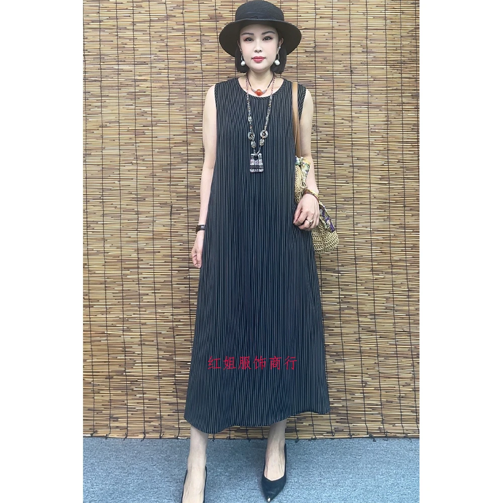 夏季中长款无袖通勤竖条纹纯色百搭长裙女装【连衣裙527】